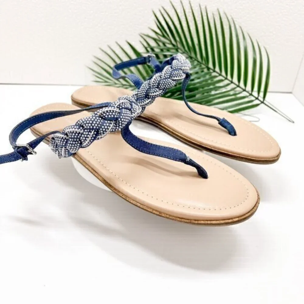 Draper James Blue Julianna Braided Embellished T-Strap Flat Sandals Size 10
